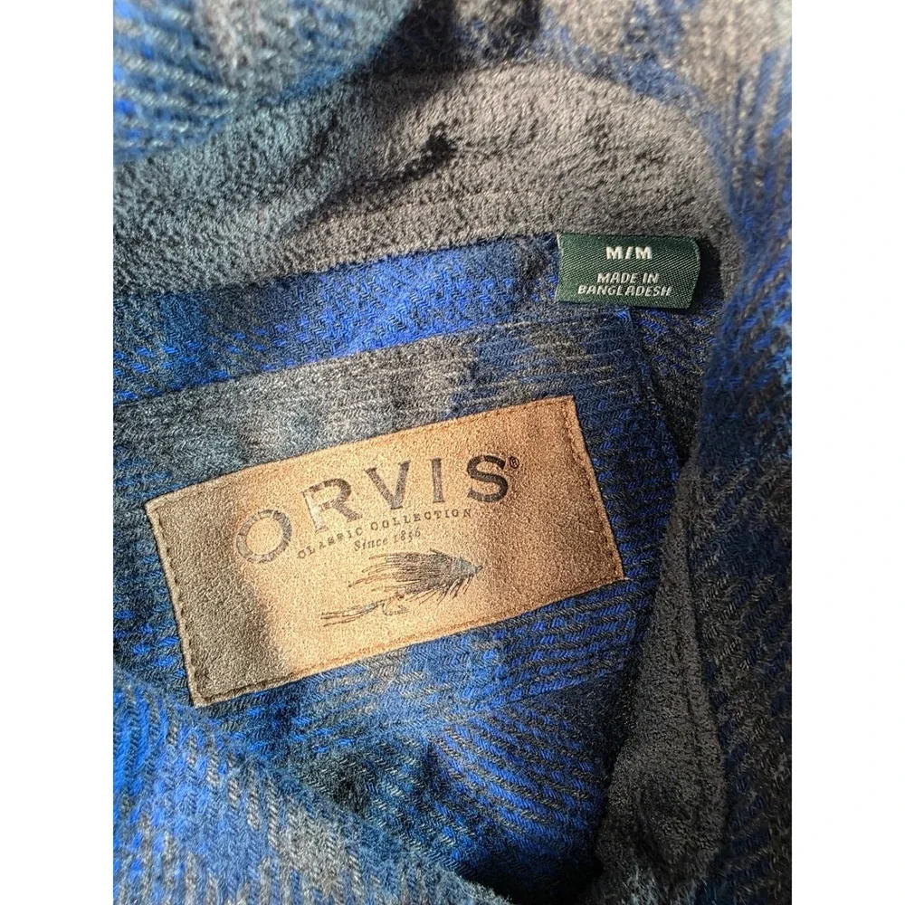 Orvis Flannel Shacket Mens Medium Blue Gray Plaid Long Sleeve w/ Side Pockets
